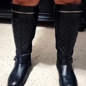 Black Leather Material Quilted Riding Boots